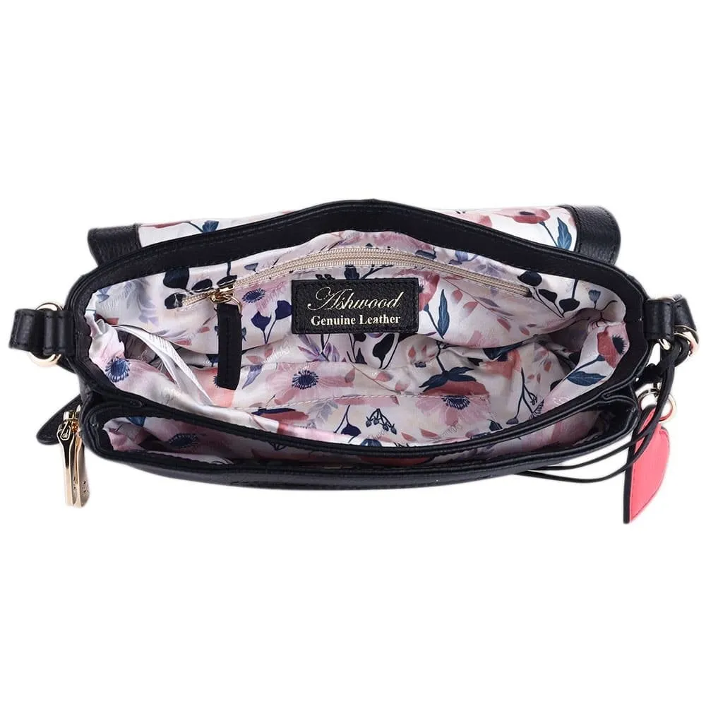 Ashwood Ladies Small Flap Over Leather Shoulder Bag Black: J-15
