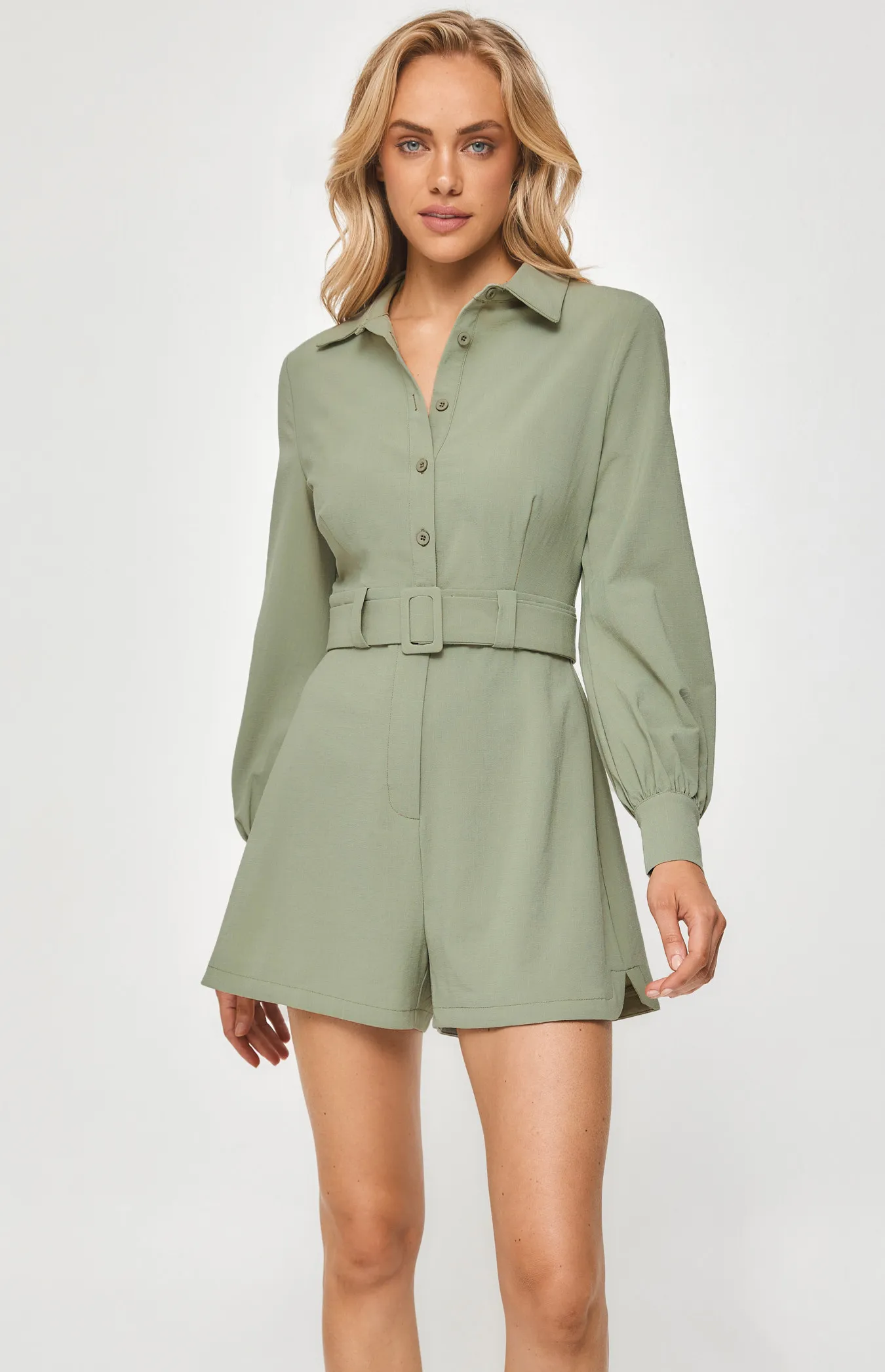 Collared Playsuit with Shirt Details and Belt (SJP529B)