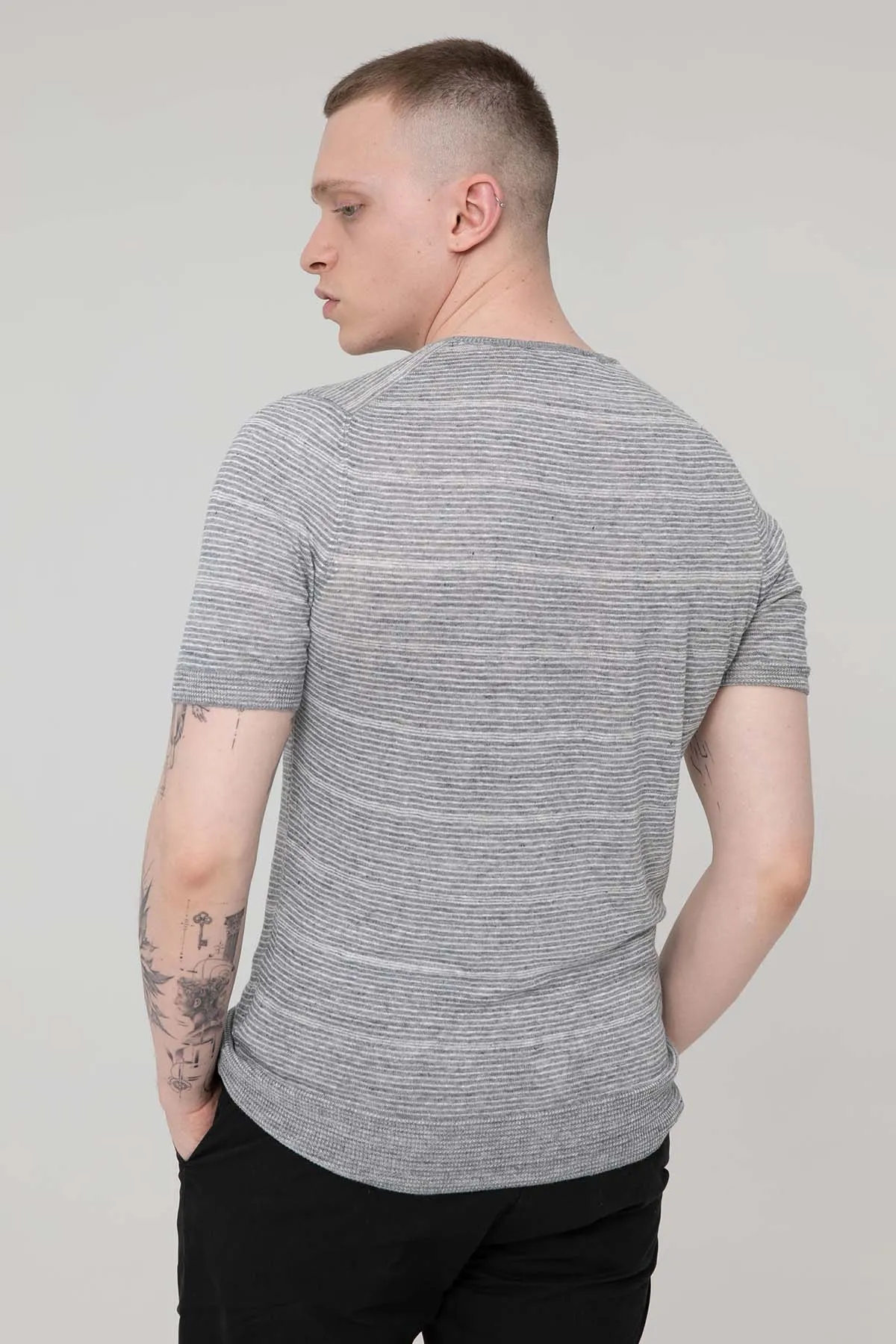 Gran Sasso Slim Fit izgili Keten T-shirt