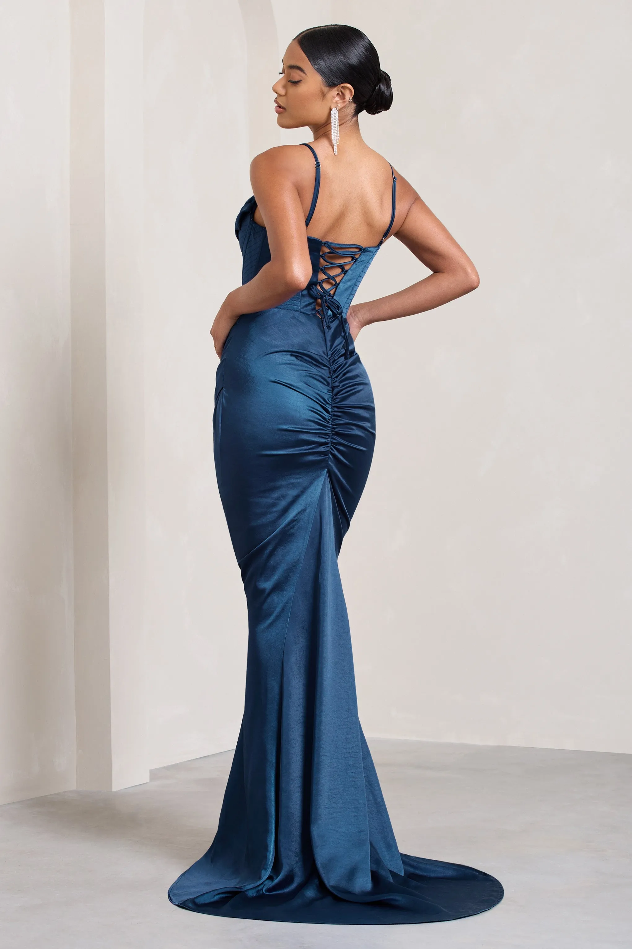Grand Gift | Navy Satin Corset Draped Fishtail Maxi Dress
