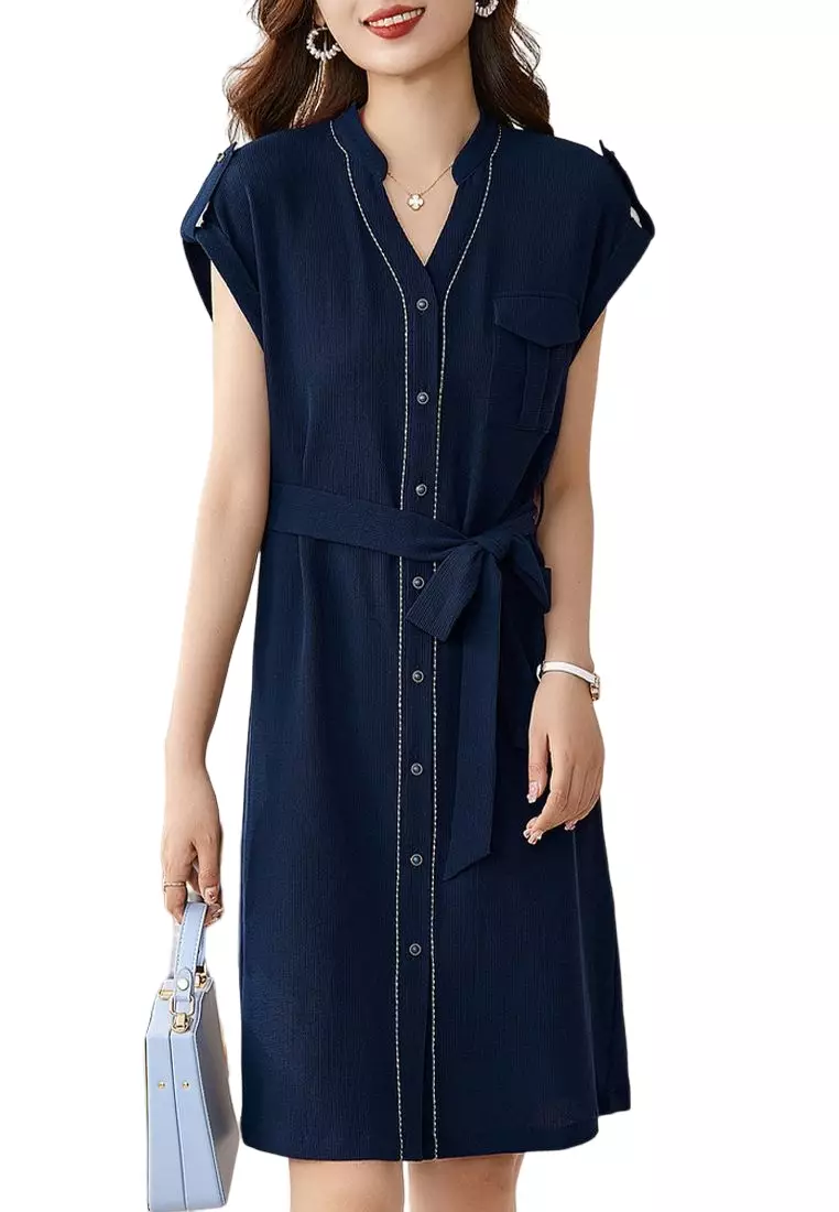 OUNIXUE Elegant V-Neck Dress (With Belt)