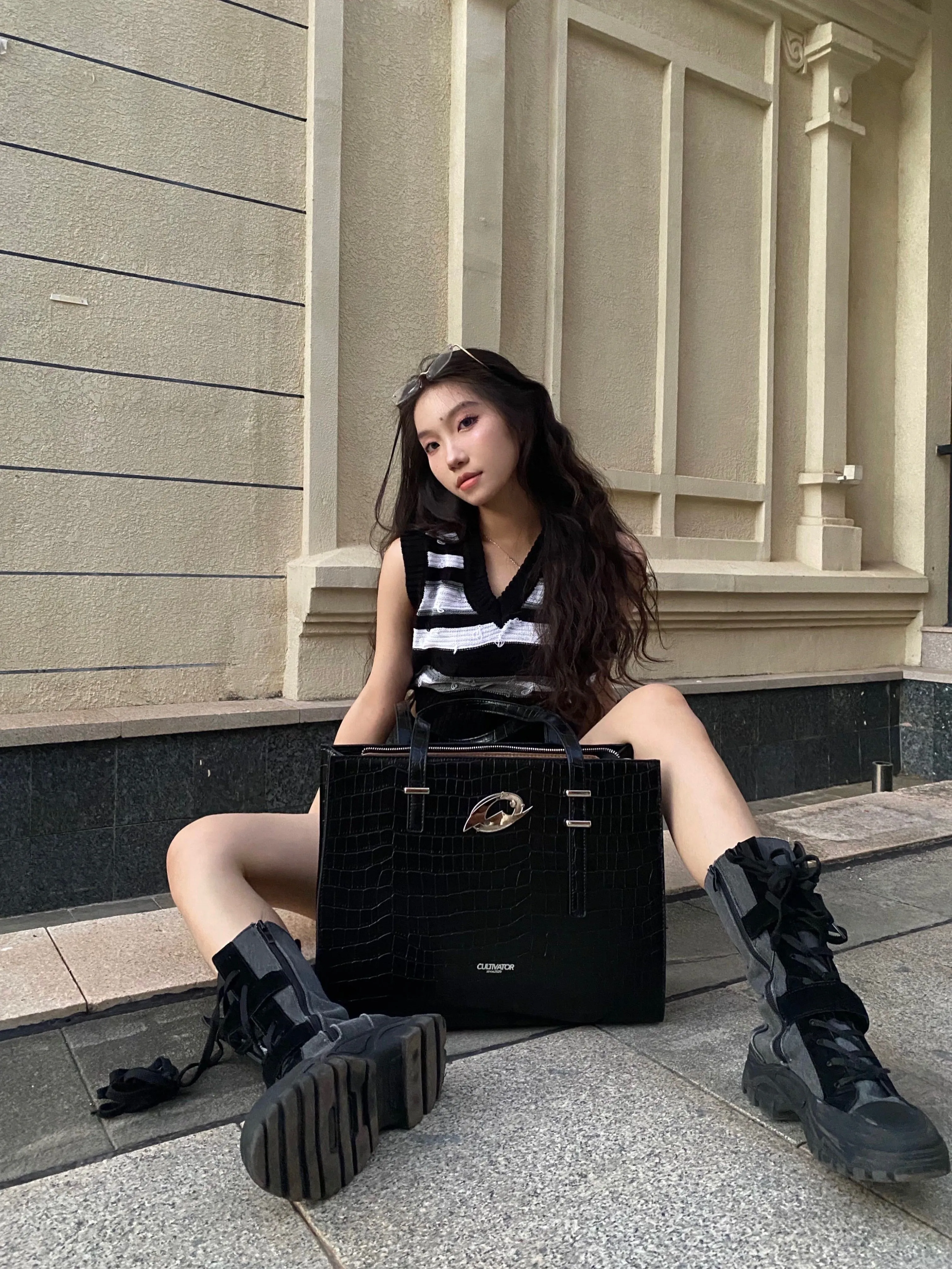 Plan Cultivator PU Leather Crocodile Skin Trapezoid Shaped Big Wide Large Capacity Shoulder Bag Tote Handbag