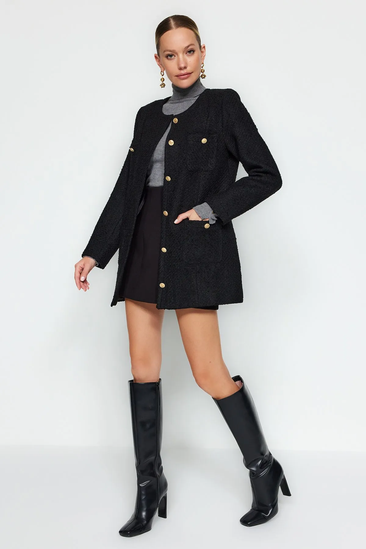 Round Neck Detailed Tweed Jacket Coat