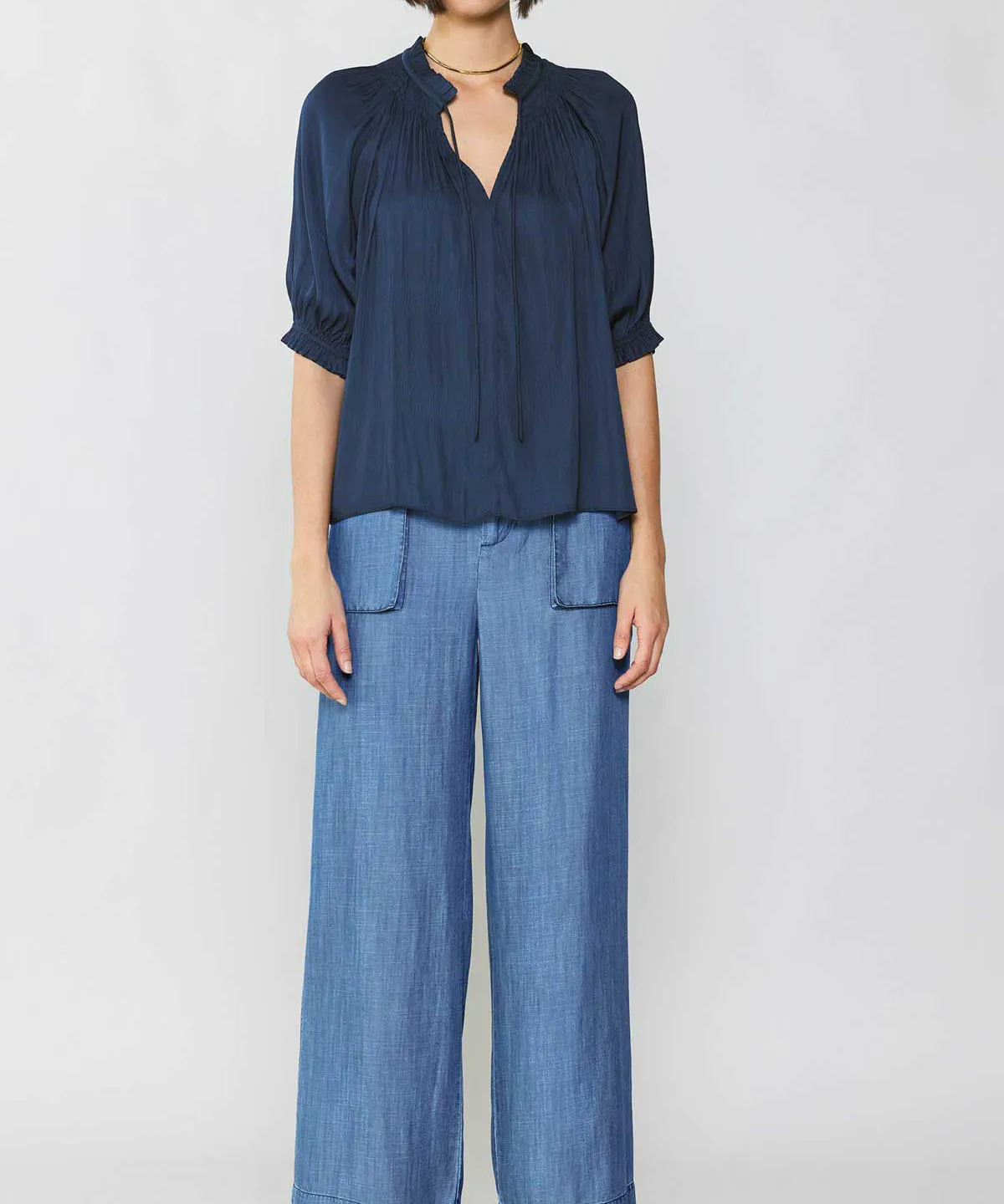 Short Sleeve Tie Front Top - Dark Navy