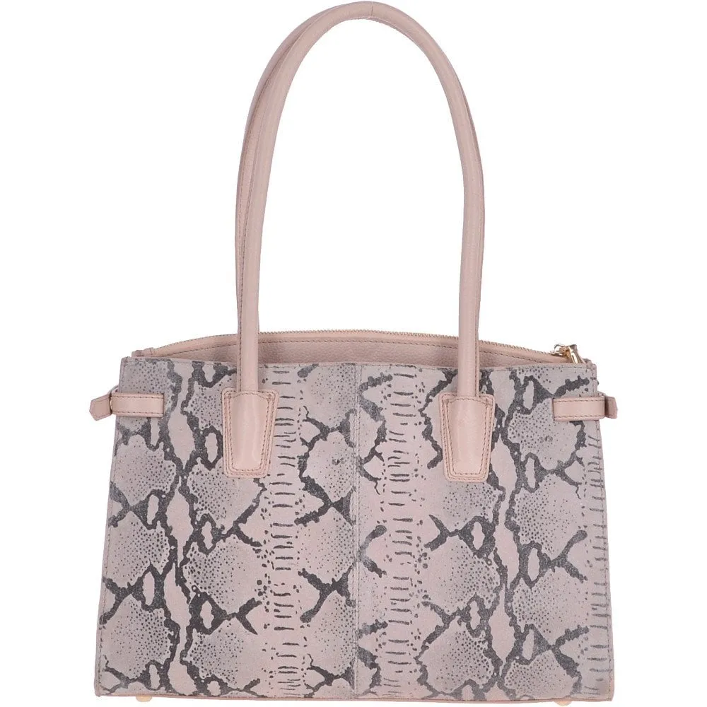 Suede Snake Print Long Handled Three Section Shoulder Bag Pink – 62676