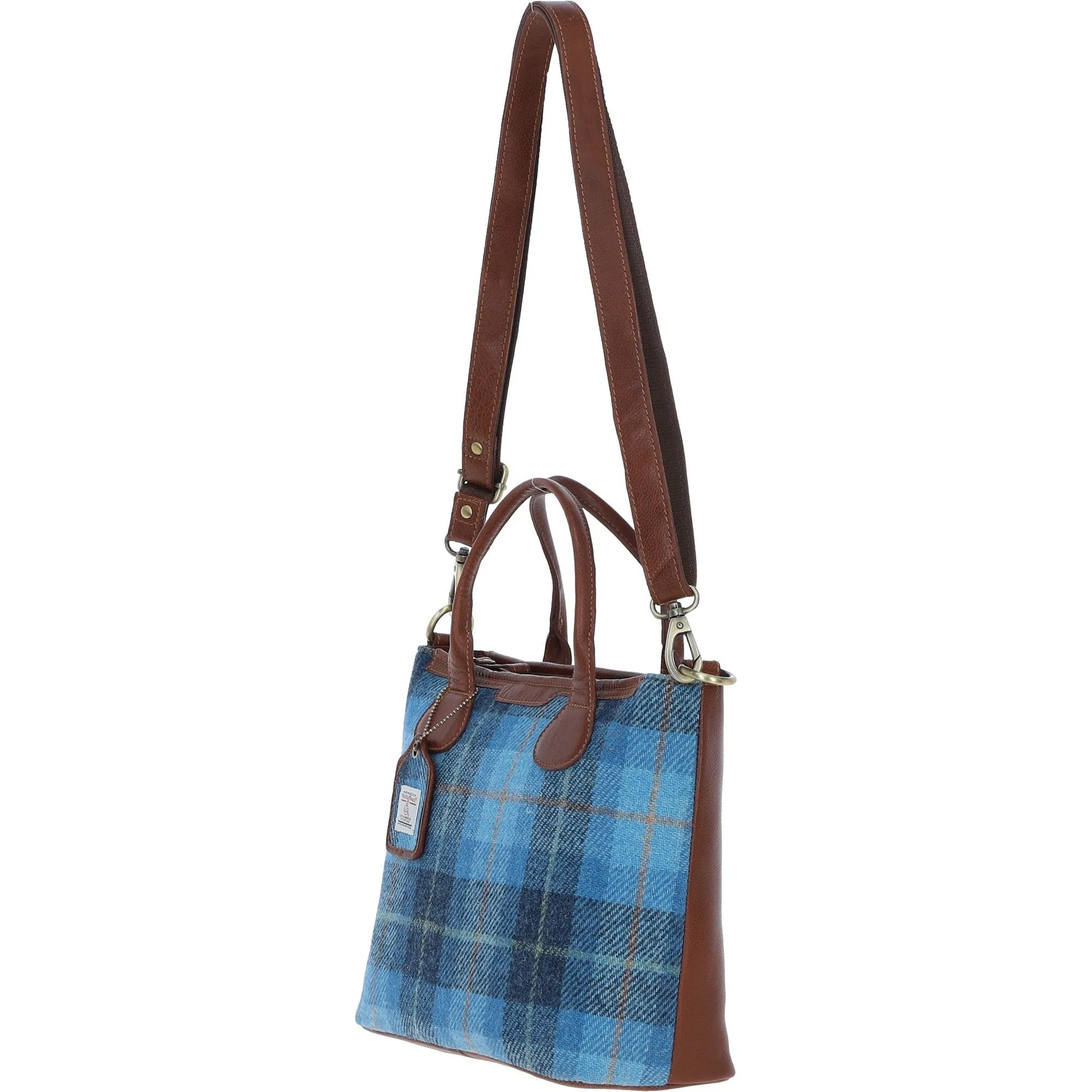Versatile Ashwood Leather & Harris Tweed Shoulder Bag Tan/LT Blue: TW-22-05-TB