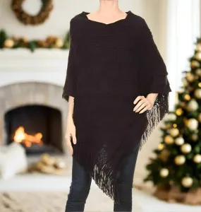 Womens Fringed Sweater Poncho Shawl Black Size OS